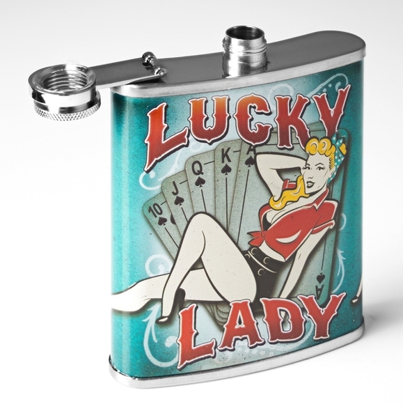 LUCKY LADY STAINLESS STEEL 8 OZ LIQUOR FLASK - Picture 4 of 5